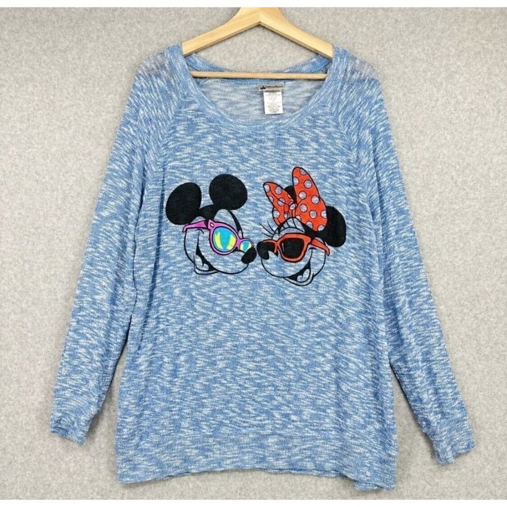 Disney Parks Womens Sz M Mickey Minnie Mouse Sweater Top Marbled Knit Blue